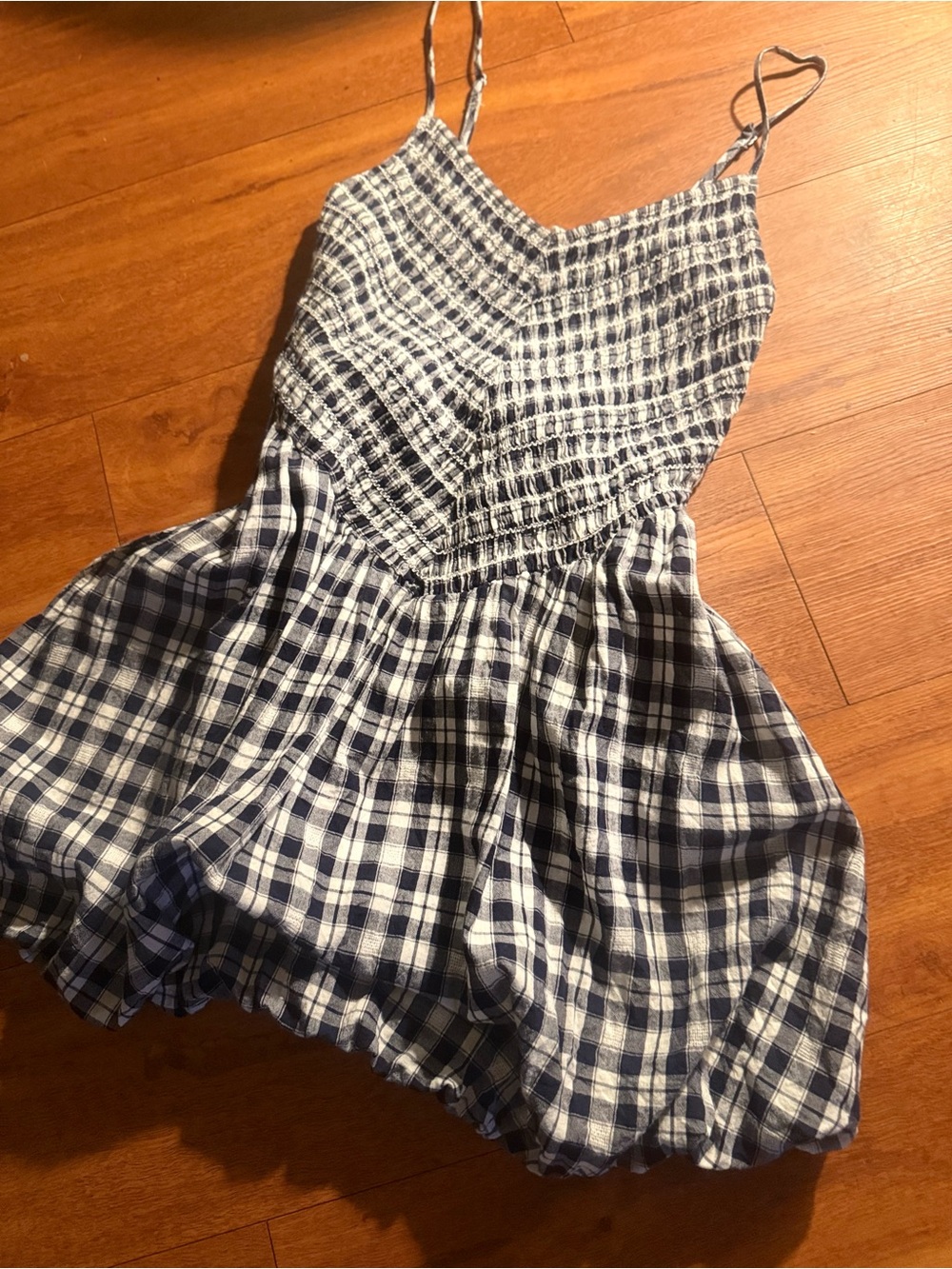 American Eagle Outfitters Navy and White Plaid Smocked Sundress